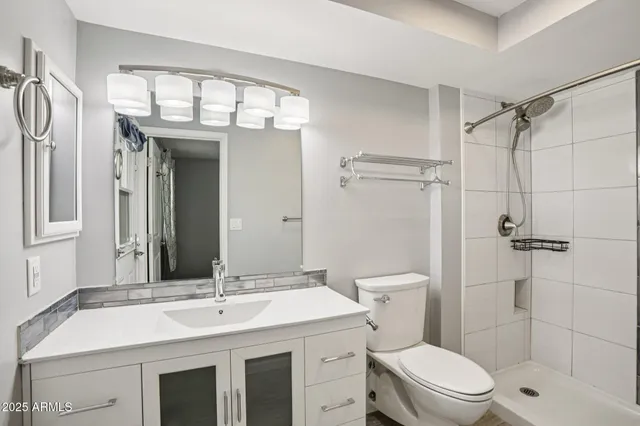 a bathroom with a sink a toilet and shower