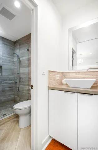 a bathroom with a toilet and a shower