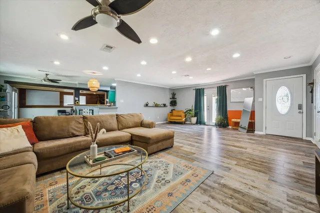 a living room with furniture a ceiling fan and a rug