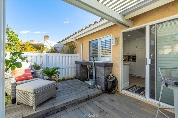 a porch with seating space