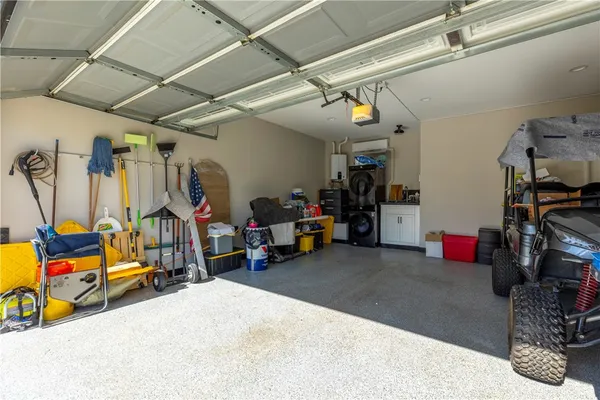 a view of a garage with storage