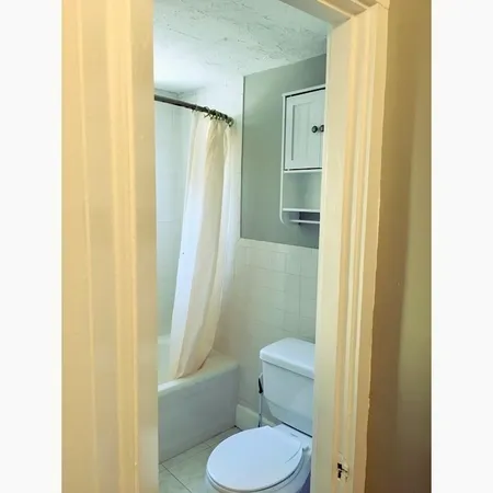 a bathroom with a toilet and a shower