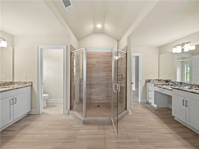 a bathroom with a granite countertop sink toilet and shower