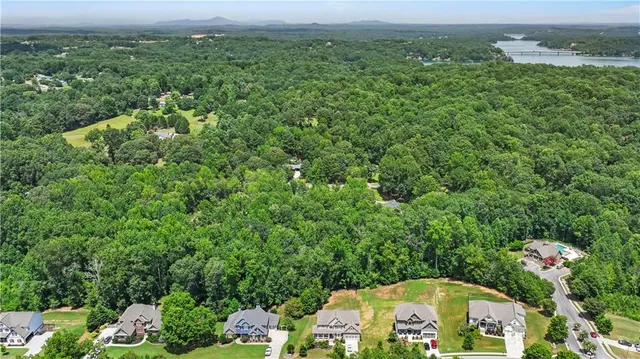 a view of a lush green forest with houses and lake view