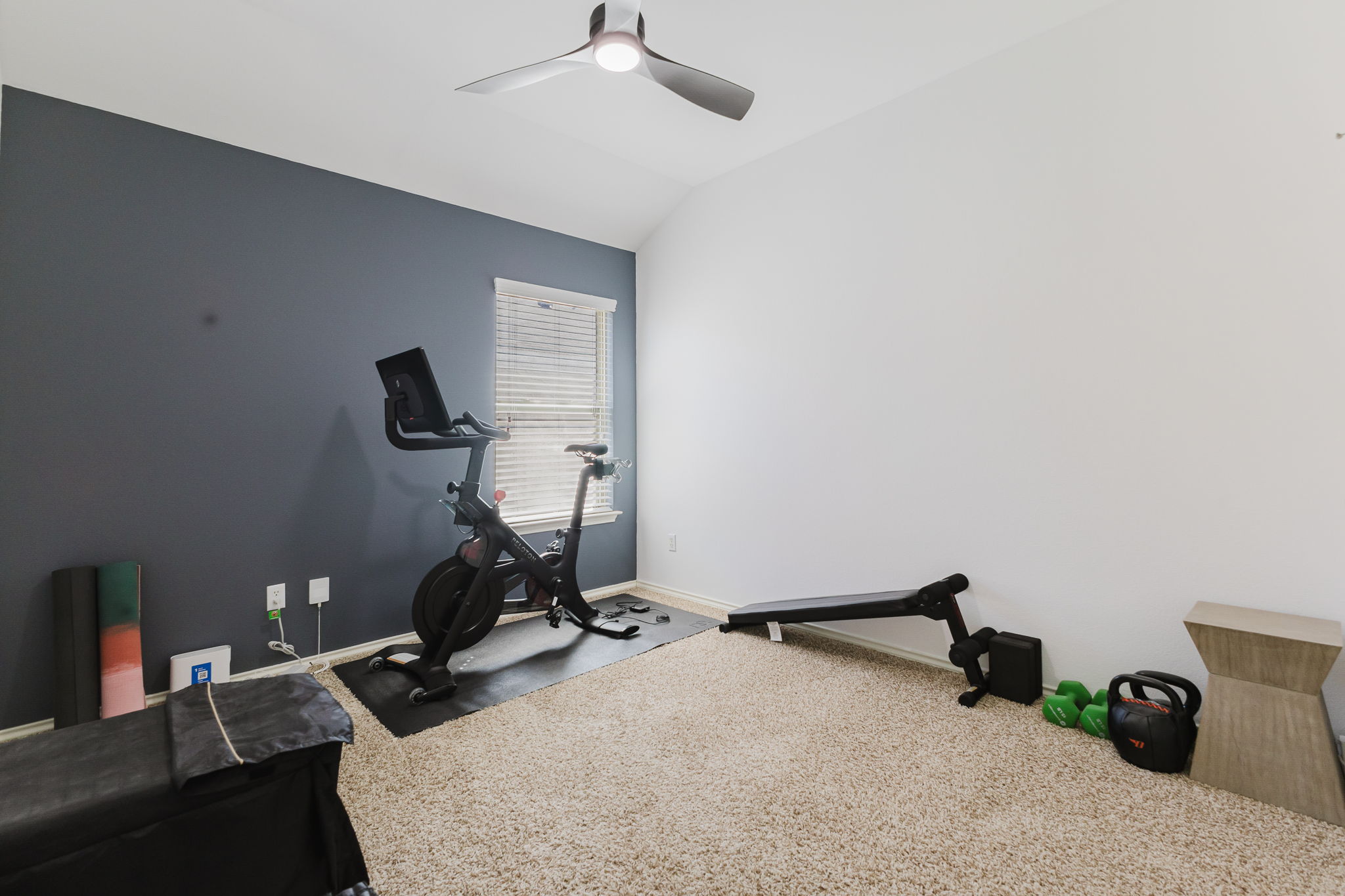 2292 Intrepid Drive Buda, TX 78610 - Photo 14 of 38 Exercise area featuring vaulted ceiling, carpet flooring, and ceiling fan