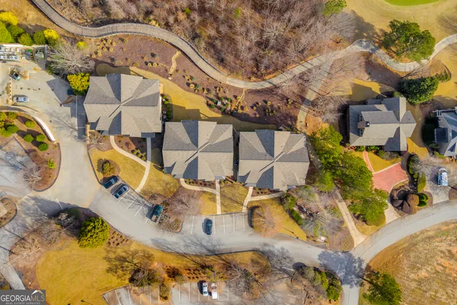 an aerial view of a swimming pool