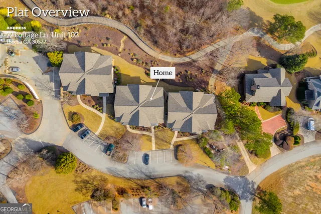 an aerial view of a swimming pool