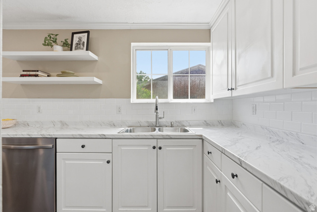 7795 South 1000 East Midvale, UT 84047 - Photo 10 of 42 Kitchen featuring white cabinetry, a stainless steel double basin sink, and a stainless steel dishwasher