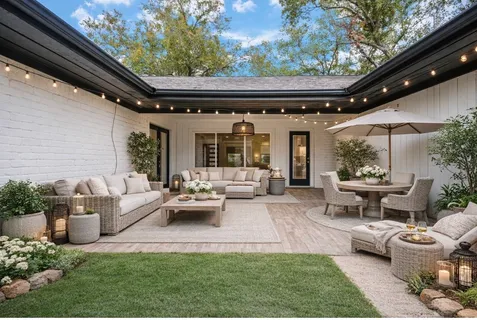 a patio with couches and a barbeque
