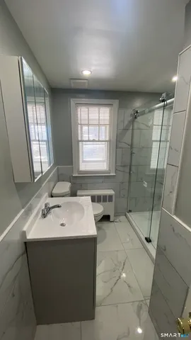 a bathroom with a sink a toilet and a mirror