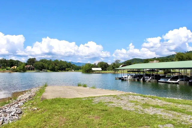 a view of a lake with houses in the back