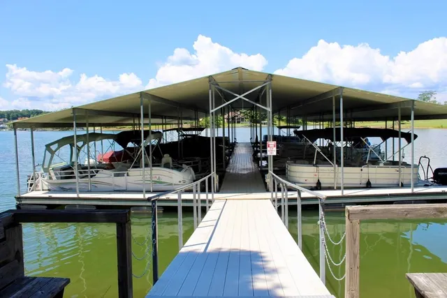 a view of a lake with sitting area