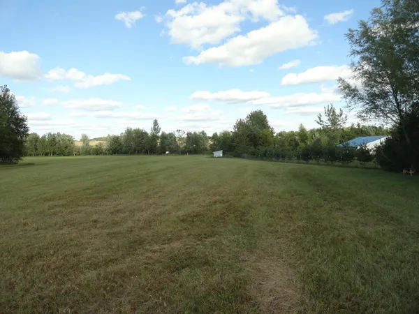 a view of a field with trees in background