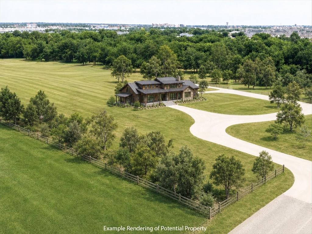 2511 Mathis Road Mansfield, TX 76063 - Photo 8 of 23 Contemporary Rendering property featuring a stone and wood-paneled exterior, expansive green lawns, a winding paved driveway, mature trees, and a wooden perimeter fence