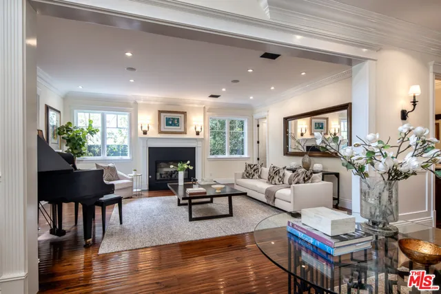 a living room with furniture fireplace and potted plants