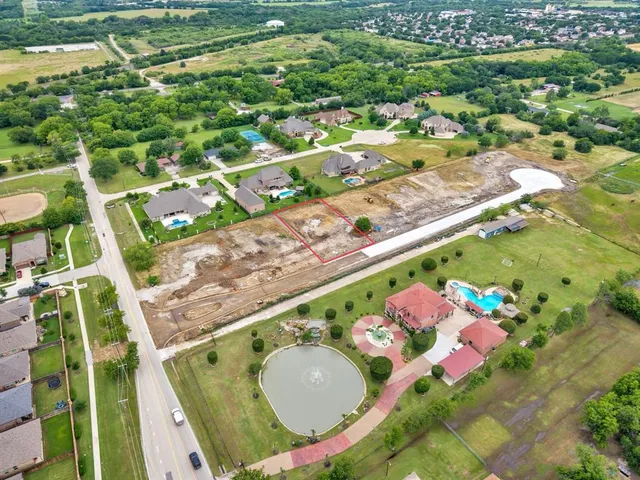 an aerial view of a swimming pool with a garden and plants