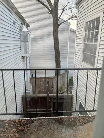 a view of a balcony with a potted plant