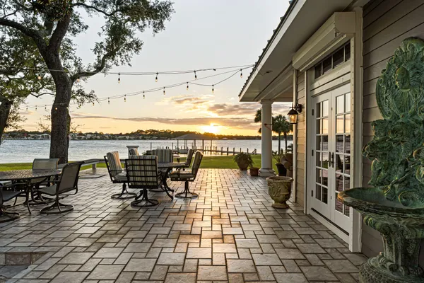 an outdoor space with seating area