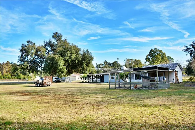 a view of a swimming pool with a garden and trees