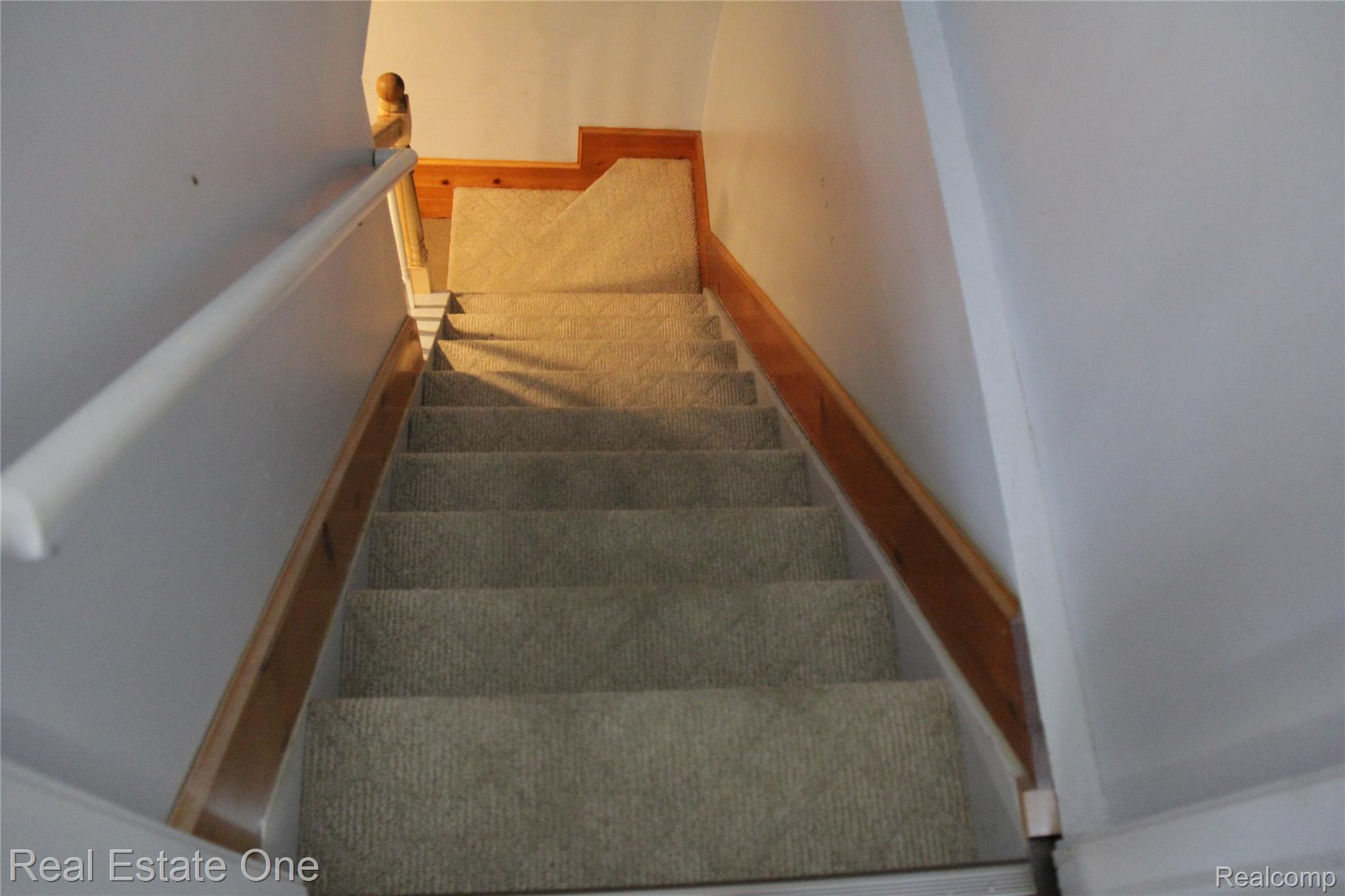 44777 Saltz Road Canton, MI 48187 - Photo 57 of 65 Carpeted staircase with wood-finish trim and painted handrail to the basment