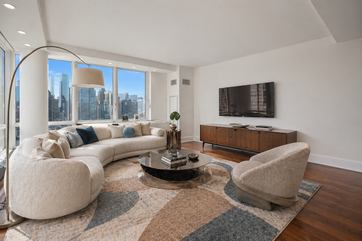 60 Riverside Boulevard, Unit 2802 Manhattan, NY 10069 - Photo 2 of 25 a living room with furniture and a flat screen tv