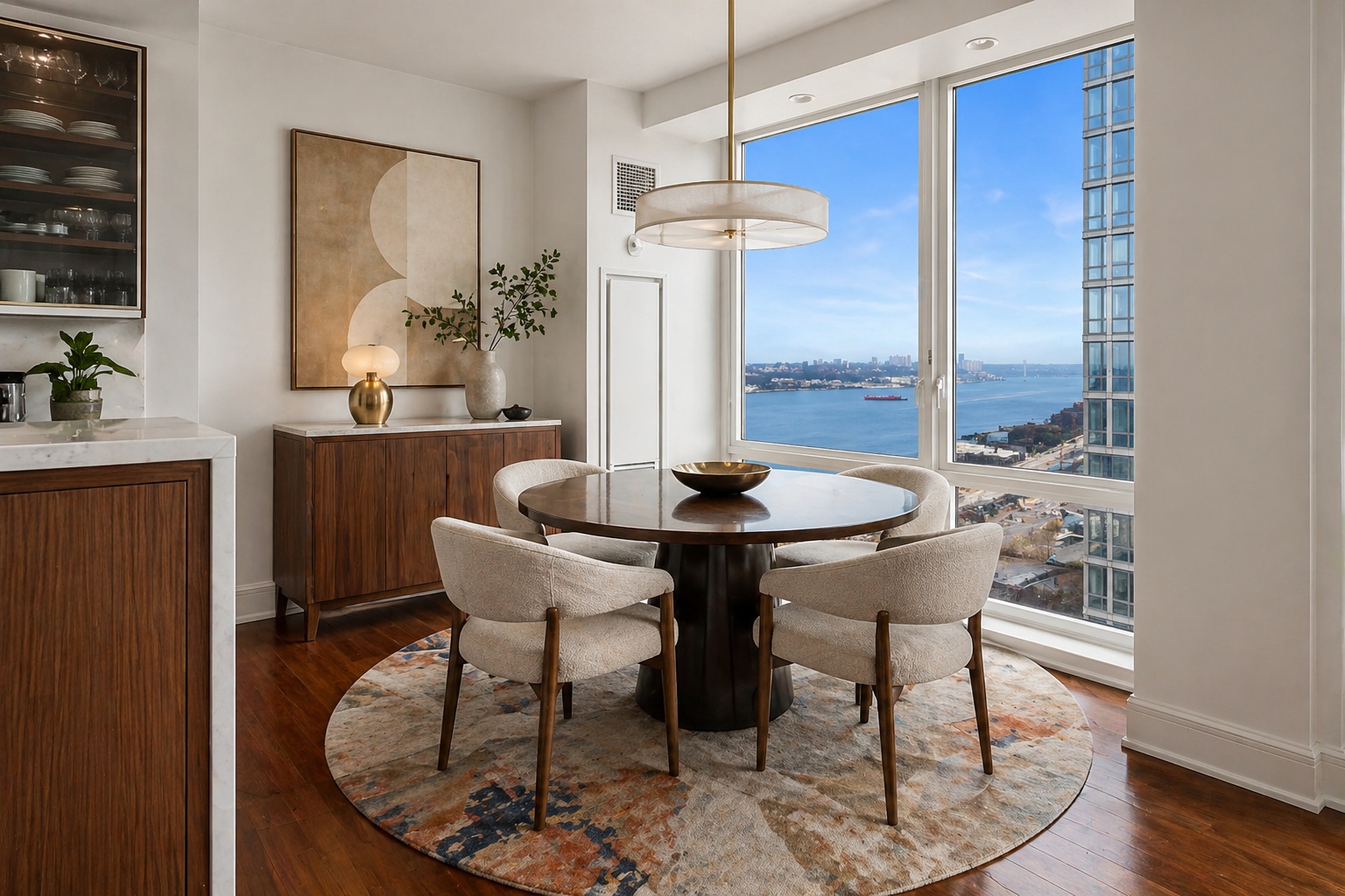 60 Riverside Boulevard, Unit 2802 Manhattan, NY 10069 - Photo 3 of 25 a view of a dining room with furniture window and wooden floor