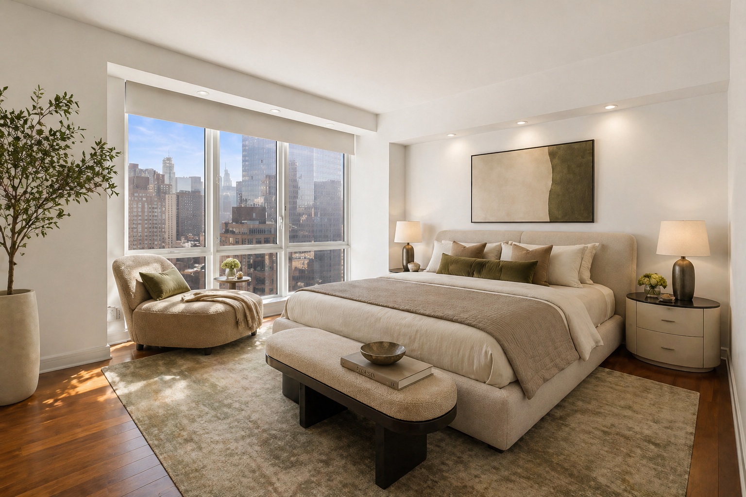 60 Riverside Boulevard, Unit 2802 Manhattan, NY 10069 - Photo 6 of 25 a bedroom with a bed and a couch
