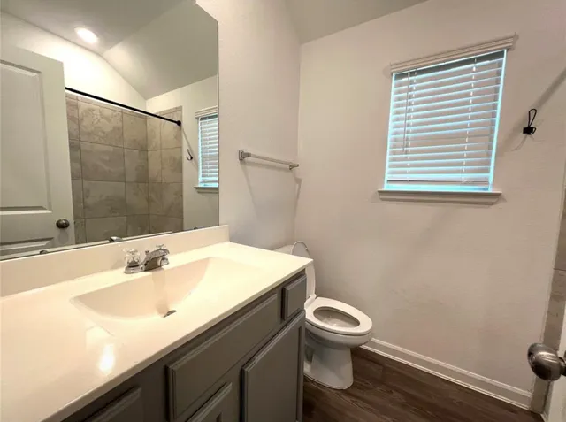 a bathroom with a sink a toilet and a mirror