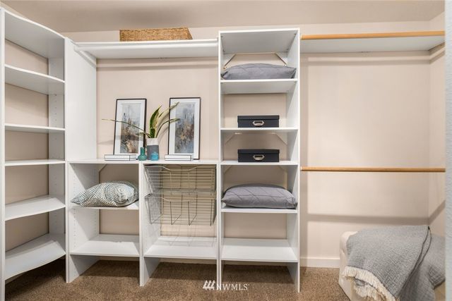 a living room with a bed and cabinets
