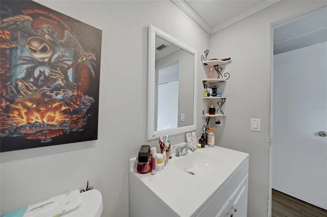 a bathroom with a sink mirror and vanity