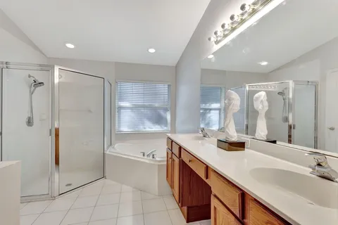 a bathroom with a tub sink shower and mirror