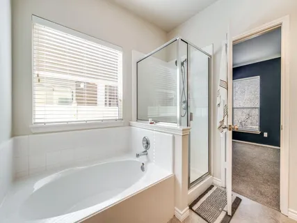 a bathroom with a bathtub and a shower