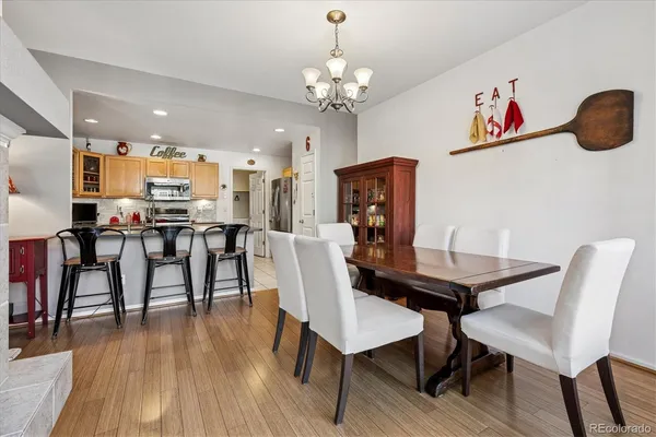 a view of a dining room with furniture and wooden floor