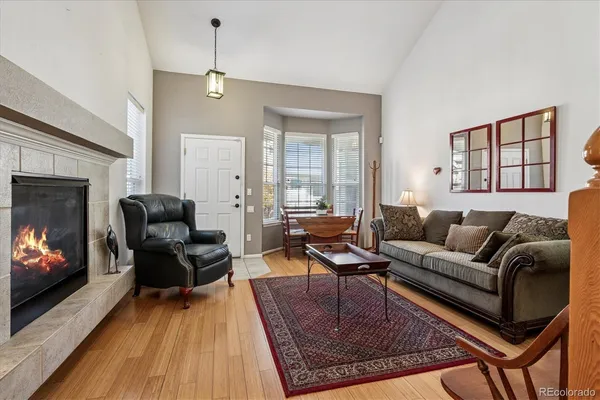 a living room with furniture a fireplace and a flat screen tv