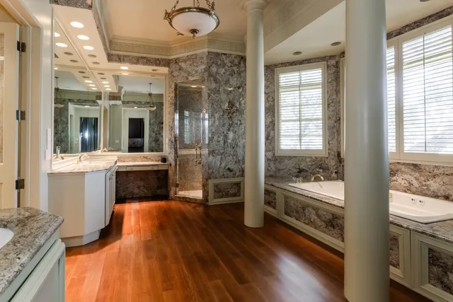 a view of a swimming pool and an outdoor space