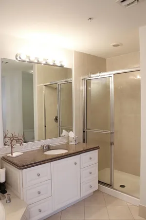 a bathroom with a granite countertop sink mirror and double