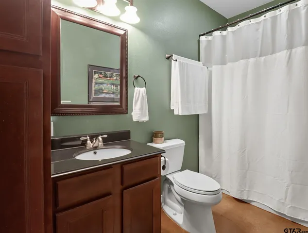 a bathroom with a sink vanity mirror and toilet