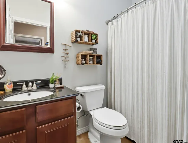 a bathroom with a toilet a sink and mirror