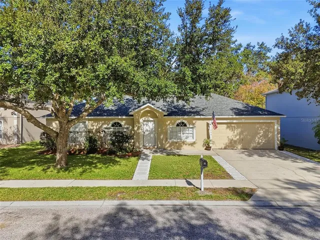 a front view of house with yard and green space