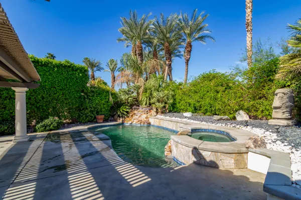 a view of a backyard with plants and a patio