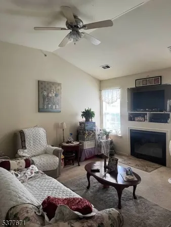 a living room with furniture a rug and a fireplace