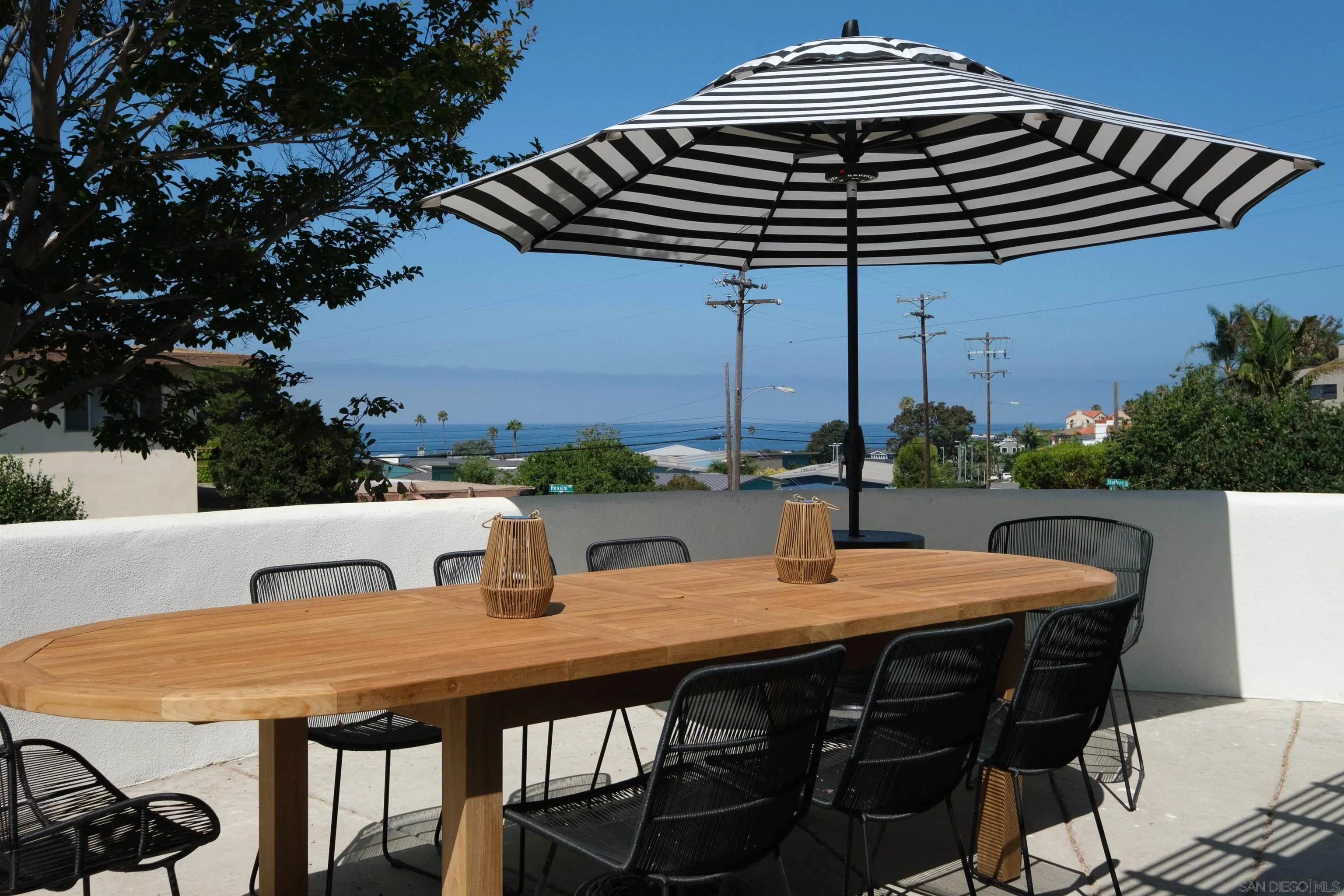 a patio with table and chairs