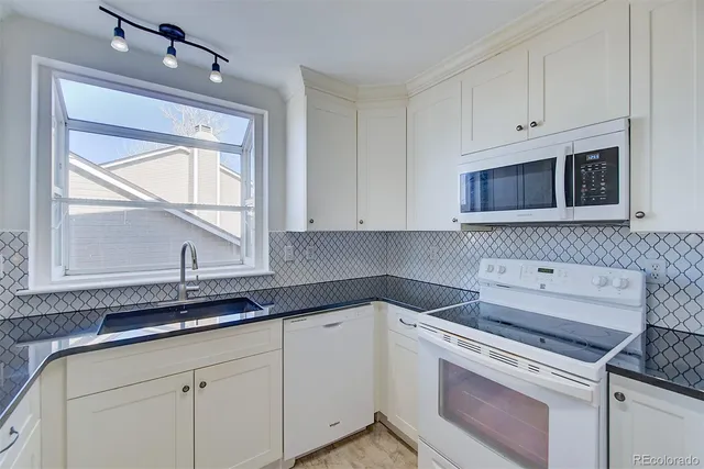 a kitchen with granite countertop white cabinets and a potted plant