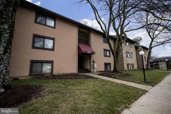 a view of a brick house with a large windows and a large tree