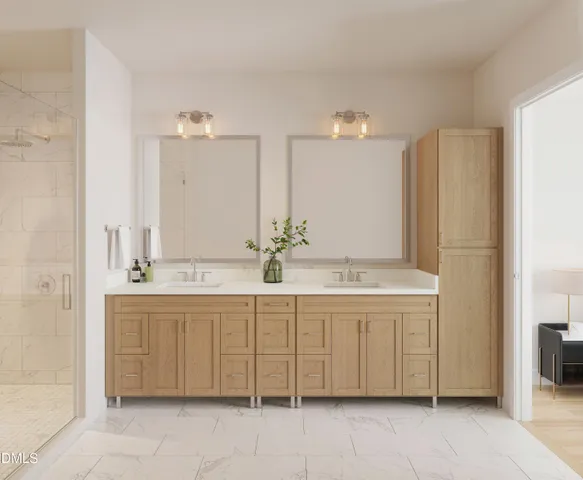 a bathroom with a double vanity sink and a mirror