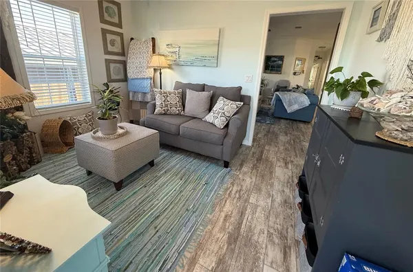a living room with furniture and a potted plant