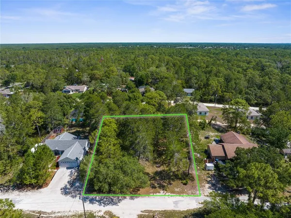 an aerial view of residential houses with outdoor space and trees