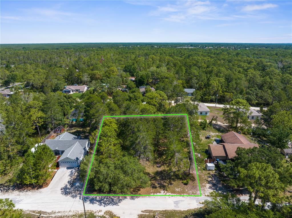 an aerial view of residential houses with outdoor space and trees