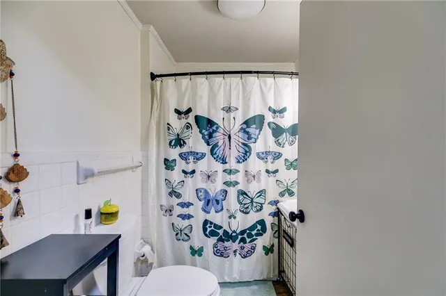 a white toilet sitting next to a shower curtain