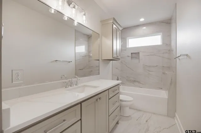 a bathroom with a sink a toilet and shower